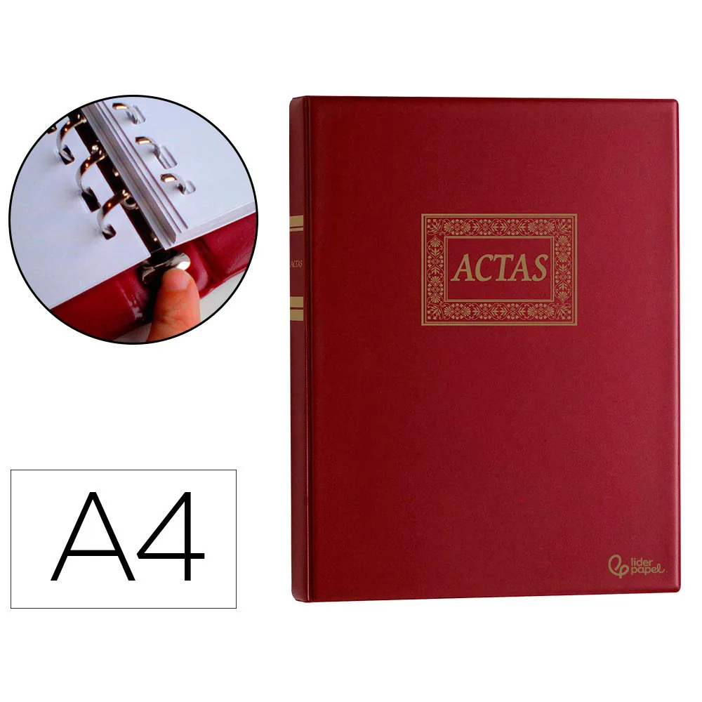 Libro Liderpapel DIN A4 Actas 30 Anillas con 100 Hojas Movibles Taladradas y Numeradas Color Burdeos