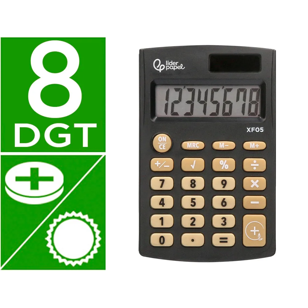 Calculadora Liderpapel Bolsillo XF05 8 Digitos Solar y Pilas Color Negro 98X62X8 MM