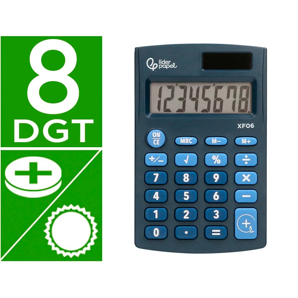 Calculadora Liderpapel Bolsillo XF06 8 Digitos Solar y Pilas Color Azul 98X62X8 MM