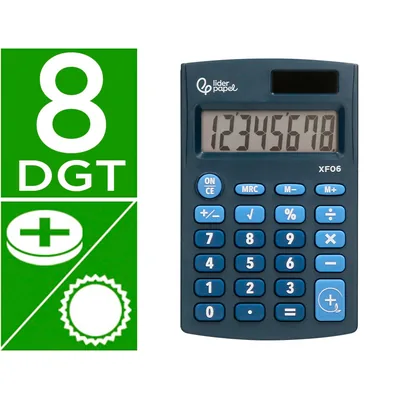 LIDERPAPEL Calculadora Liderpapel Bolsillo XF06 8 Digitos Solar y Pilas Color Azul 98X62X8 MM
