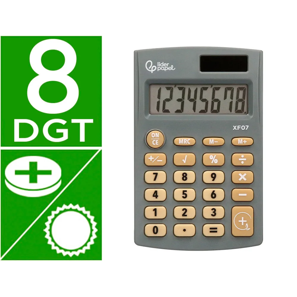 Calculadora Liderpapel Bolsillo XF07 8 Digitos Solar y Pilas Color Gris 98X62X8 MM