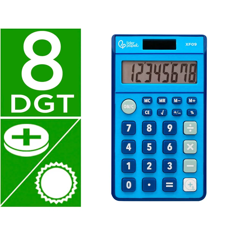 Calculadora Liderpapel Bolsillo XF09 8 Digitos Solar y Pilas Color Azul 115X65X8 MM