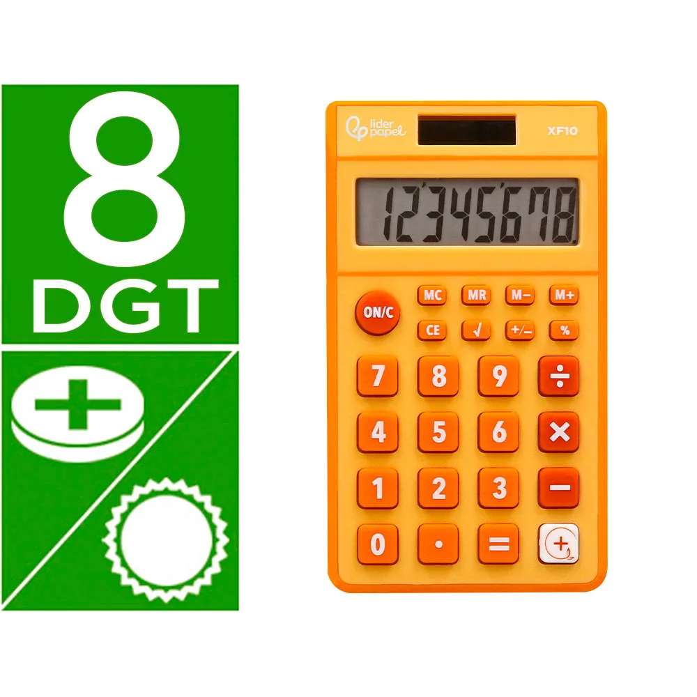 Calculadora Liderpapel Bolsillo XF10 8 Digitos Solar y Pilas Color Naranja 115X65X8 MM