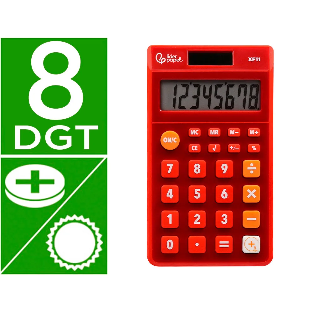 Calculadora Liderpapel Bolsillo XF11 8 Digitos Solar y Pilas Color Rojo 115X65X8 MM