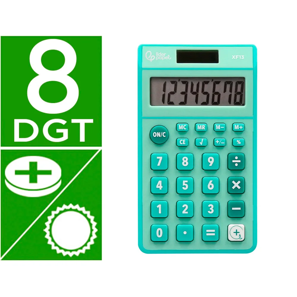 Calculadora Liderpapel Bolsillo XF13 8 Digitos Solar y Pilas Color Verde 115X65X8 MM