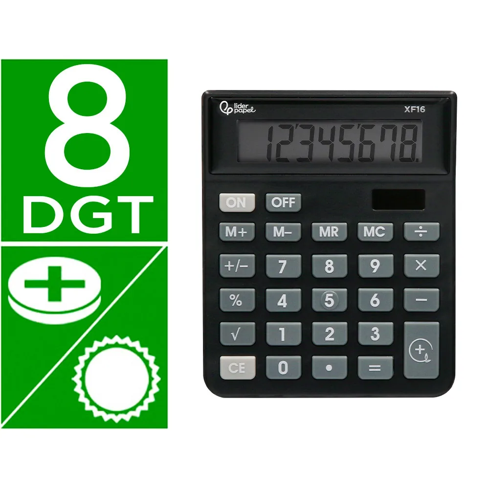Calculadora Liderpapel Sobremesa XF16 8 Digitos Solar y Pilas Color Negro 127X105X24 MM