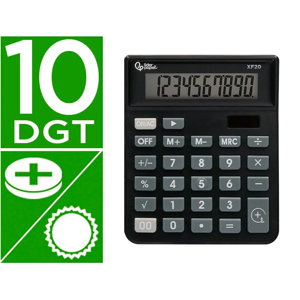 Calculadora Liderpapel Sobremesa XF20 10 Digitos Solar y Pilas Color Negro 127X105X24 MM