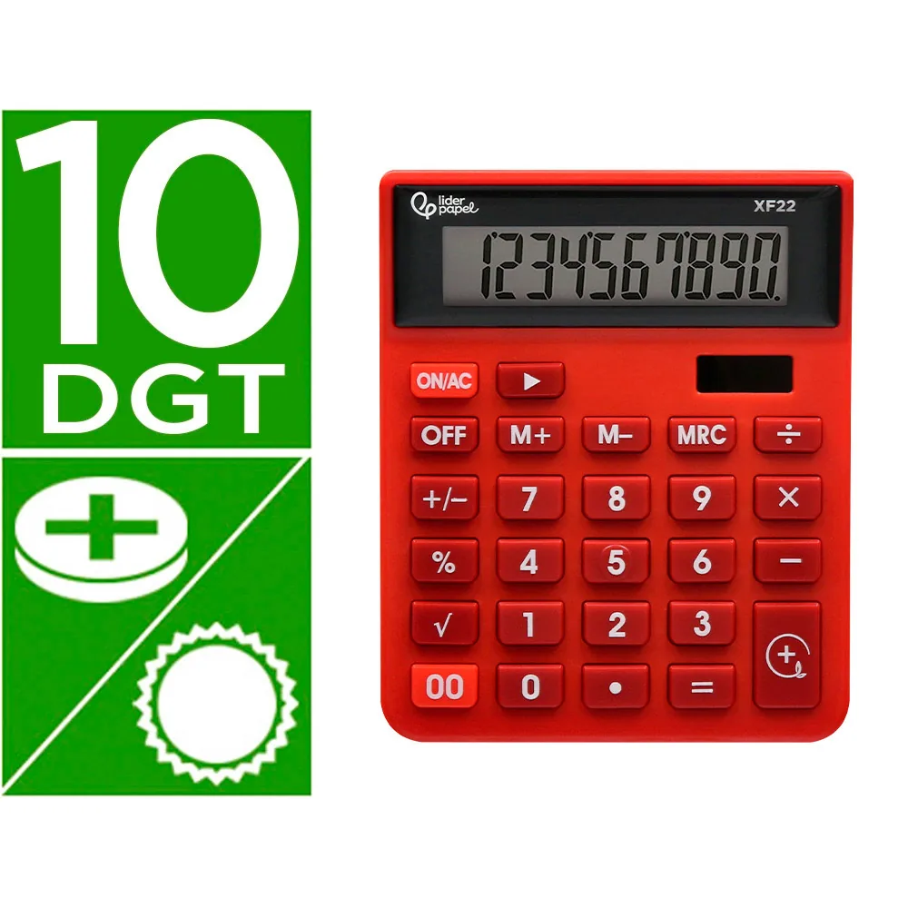 Calculadora Liderpapel Sobremesa XF22 10 Digitos Solar y Pilas Color Rojo 127X105X24 MM