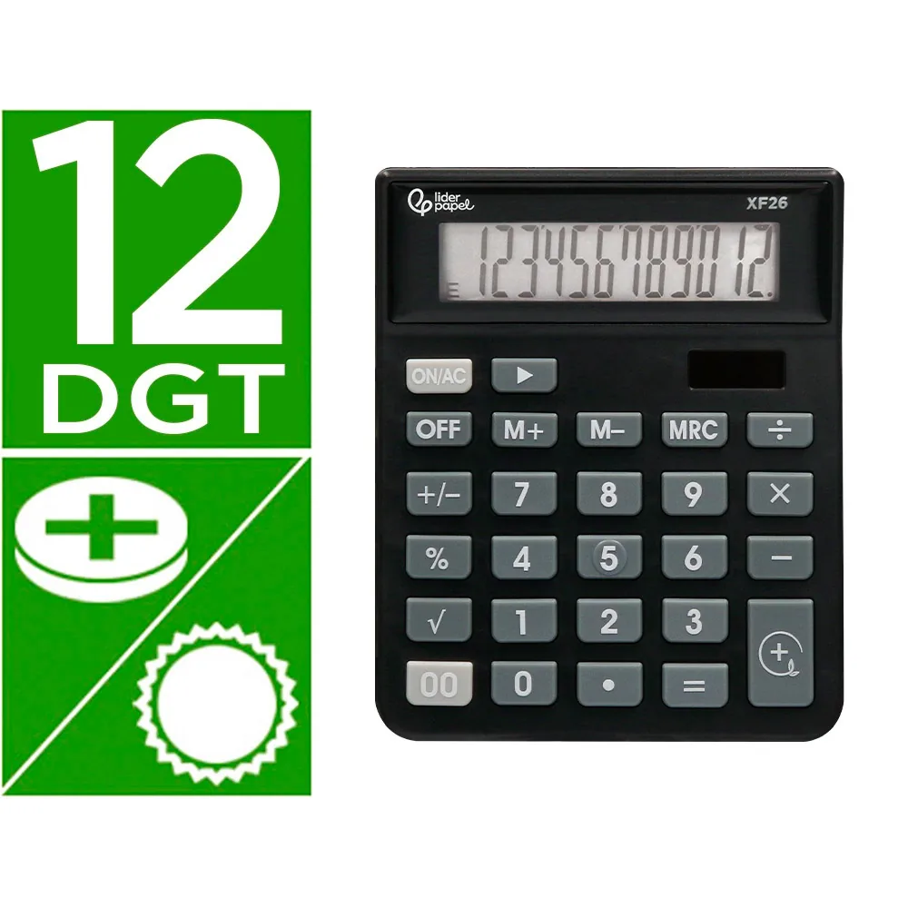 Calculadora Liderpapel Sobremesa XF26 12 Digitos Solar y Pilas Color Negro 127X105X24 MM