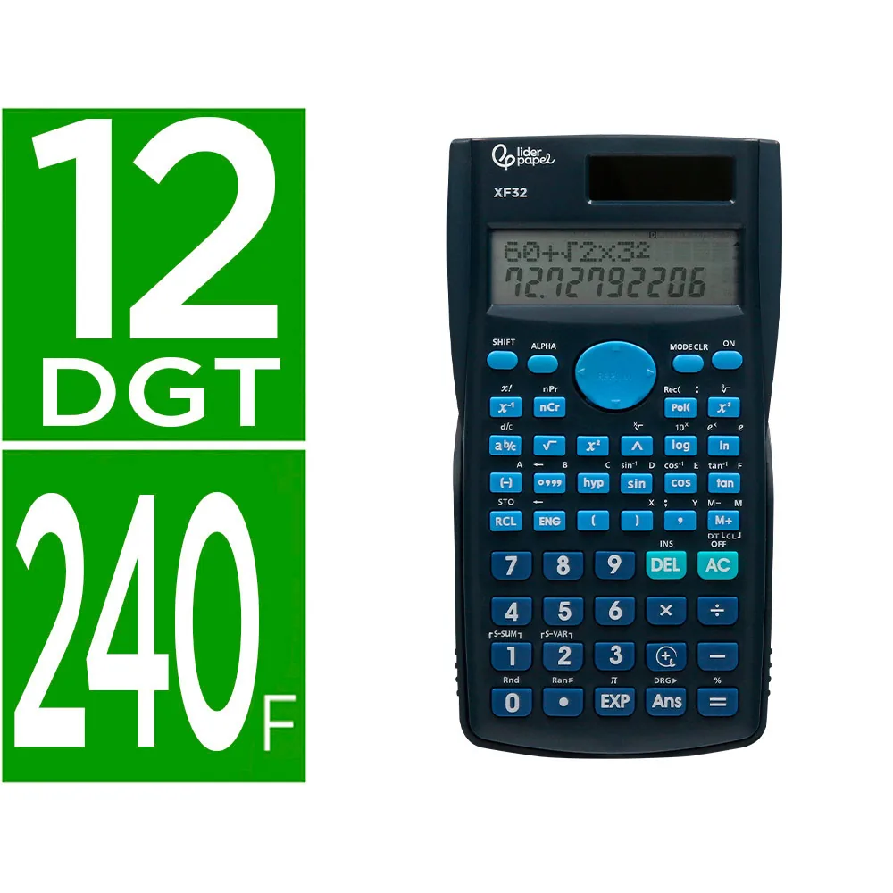 Calculadora Liderpapel Cientifica XF32 12 Digitos 240 Funciones con Tapa Solar y Pilas Color Azul 156X85X20