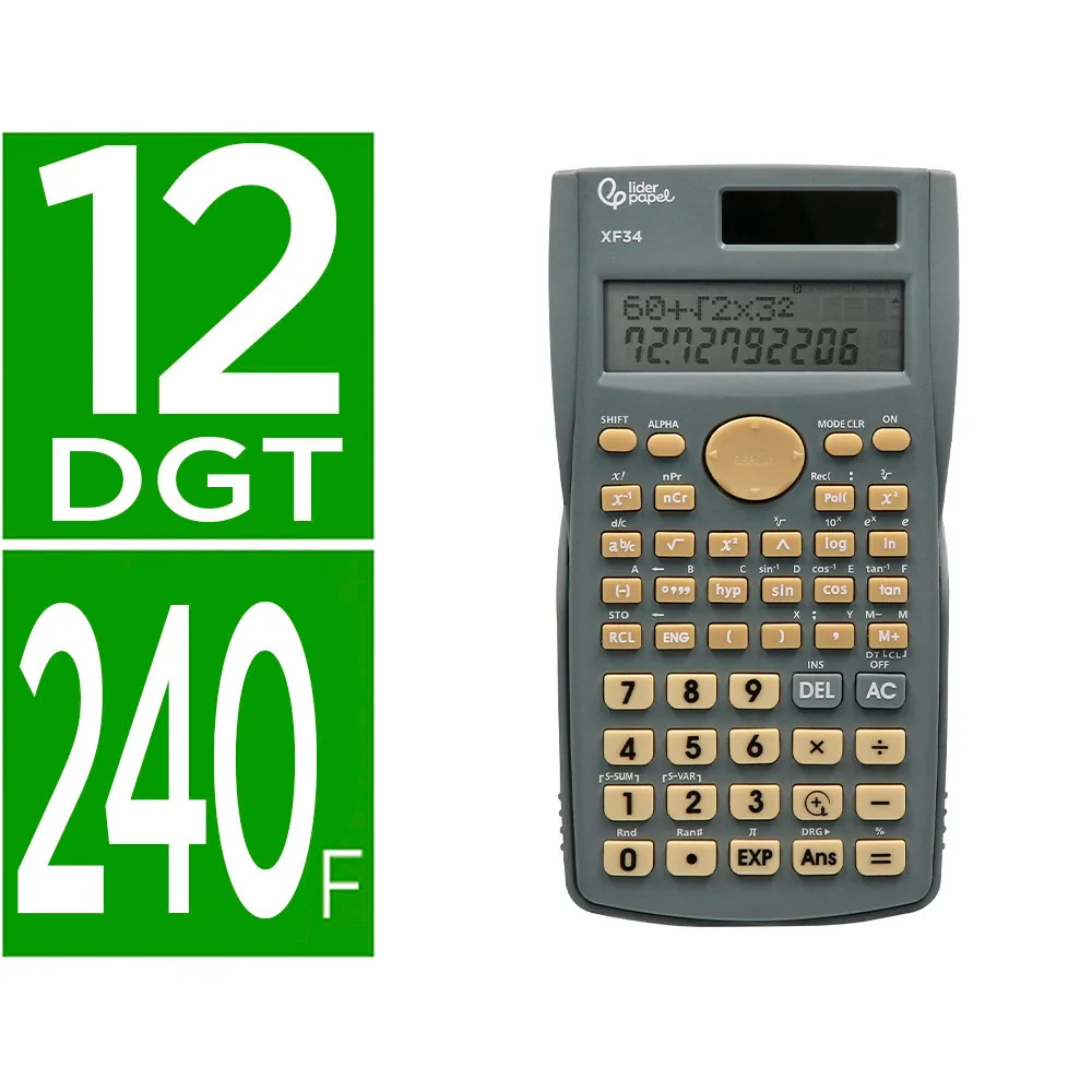 Calculadora Liderpapel Cientifica XF34 12 Digitos 240 Funciones con Tapa Solar y Pilas Color Gris 156X85X20