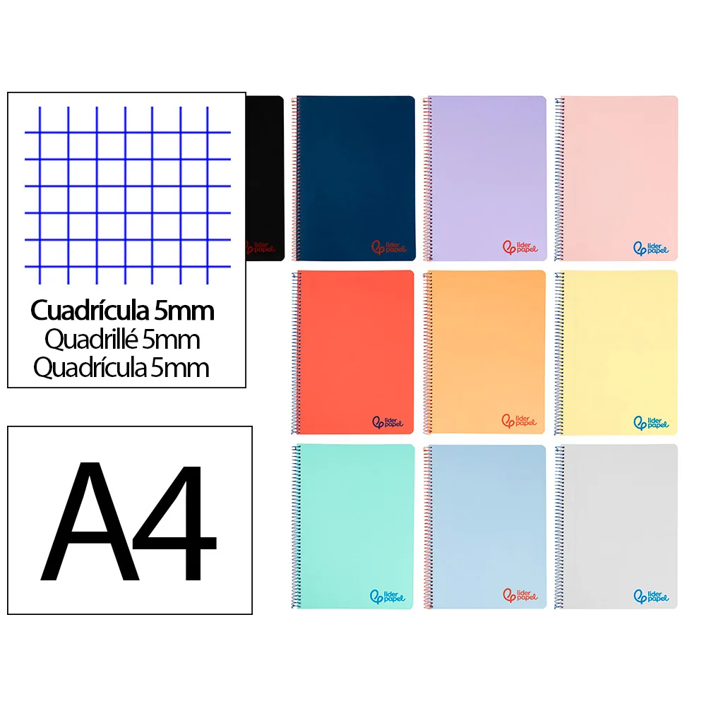 Cuaderno Espiral Liderpapel A4 Wonder Tapa Plastico 80H 90GR Cuadro 5MM con Margen Colores Surtidos