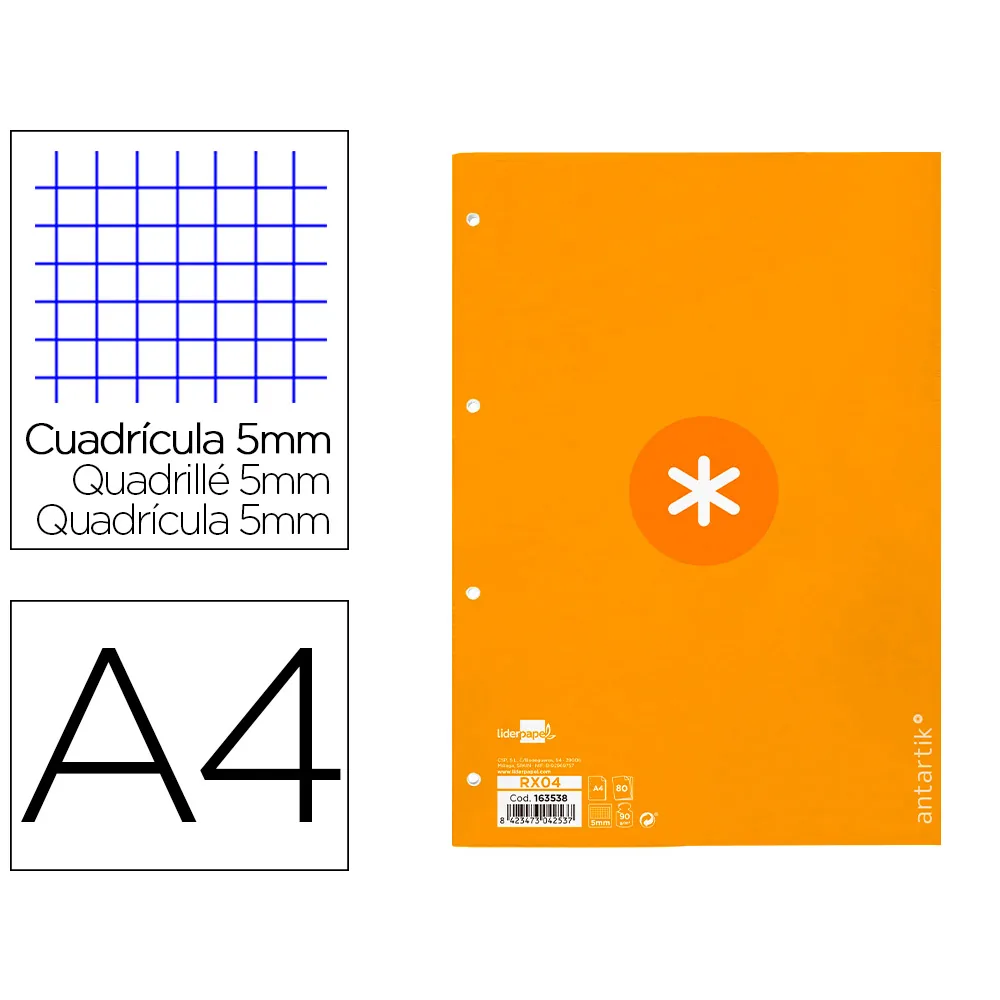 Recambio Antartik A4 80 Hojas 90GR Cuadro 5 MM 4 Taladros 1 Banda Marco Color Mostaza