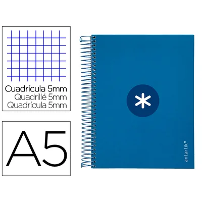 ANTARTIK Cuaderno Espiral A5 Micro Antartik Tapa FORRADA120H 90 GR Cuadro 5MM 5 BANDAS6 Taladros Color Azul Oscuro