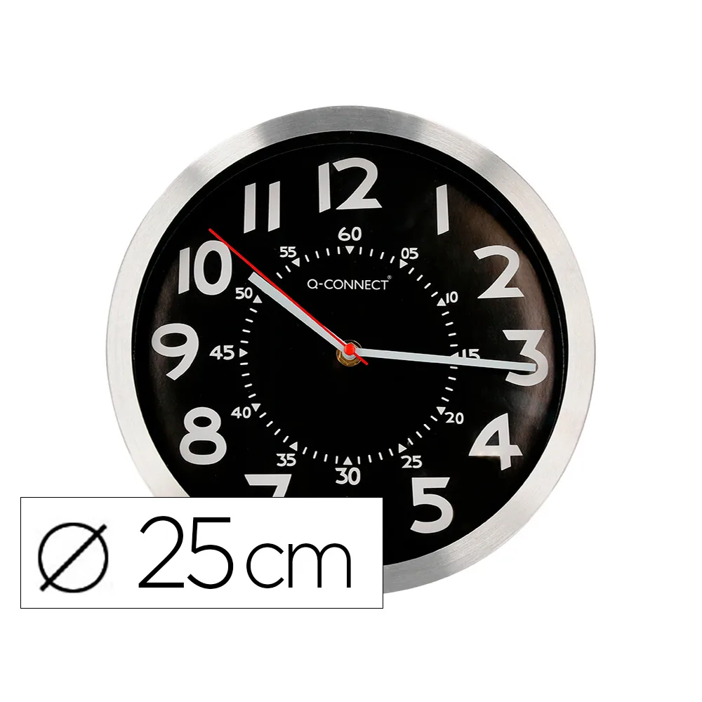 Reloj Q-Connect de Pared Metalico Redondo 25 CM Movimiento Silencioso Color Negro con Esfera Cromado