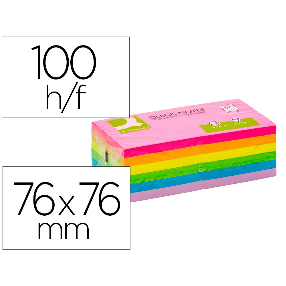 Bloc de Notas Adhesivas Quita y Pon Q-Connect 76X76 MM Fsc Colores Neon y Pastel Surtidos