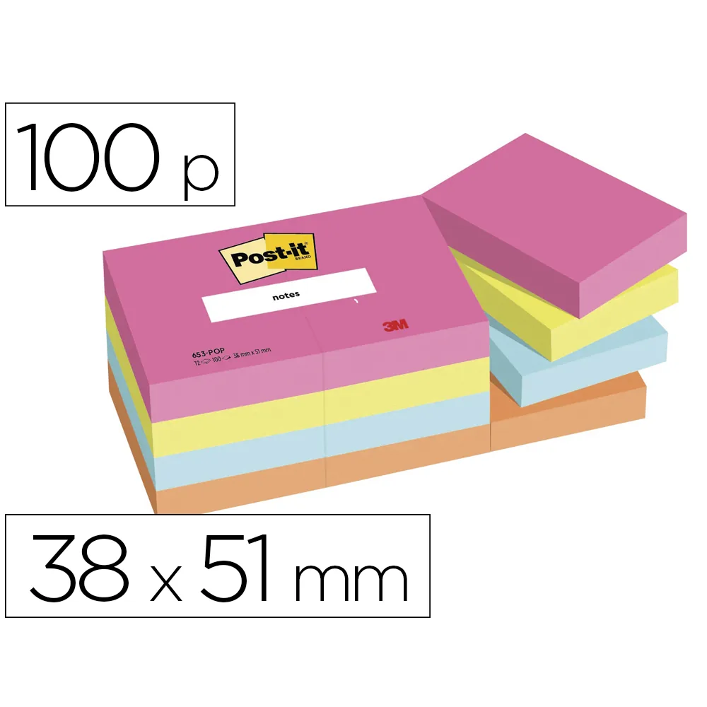 Bloc de Notas Adhesivas Quita y Pon Post-It Poptimistic 38X51 MM con 100 Hojas Pack de 12 Unidades