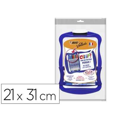 BIC Pizarra Blanca Bic Velleda Cliiip Doble Cara Cuadriculaday Lisa con 8 Rotuladores Colores Surtidos 21X31 CM