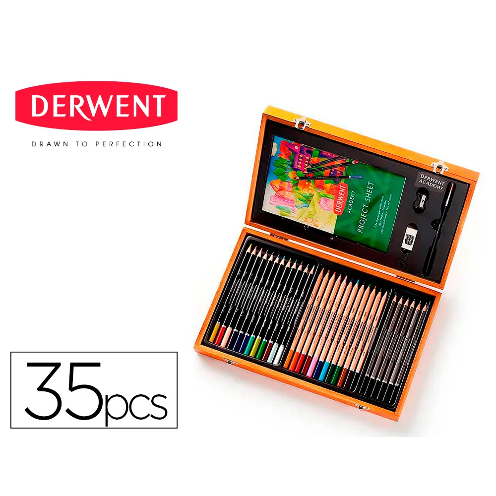 Estuche de Pintura Derwent Academy Madera Lapices de Colores 35 Piezas