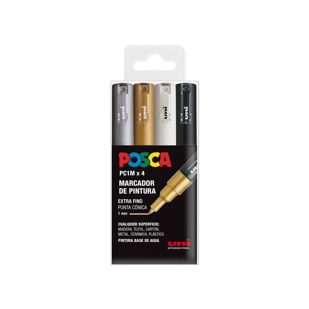 Rotulador Uni Posca PC-1M/4C Marcador de Pintura Punta Extrafina 1 MM Estuche Gswb de 4 Unidades Surtidas