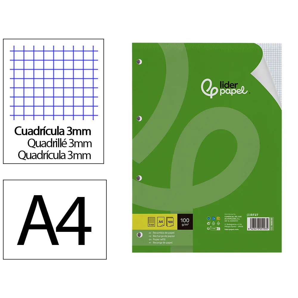 Recambio Liderpapel A4 100 Hojas 100GR Cuadro 3MM con Margen 4 Taladros