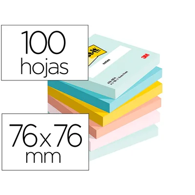 POST-IT Bloc de Notas Adhesivas Quita y Pon Beachside 100% Pefc 76X76 MM 100 Hojas Pack de 6 Unidades