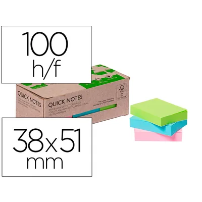 Q-CONNECT Bloc de Notas Adhesivas Quita y Pon Q-Connect 38X51 MM 100% Papel Reciclado Colores Pasteles en Caja de Carton