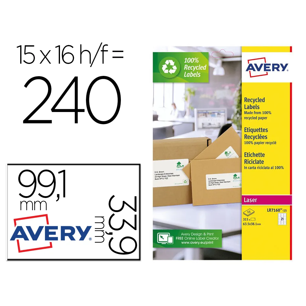 Etiqueta Adhesiva Avery Blanca Permanente Reciclada 100% Laser 99,1X33,9 MM Caja de 240 Unidades