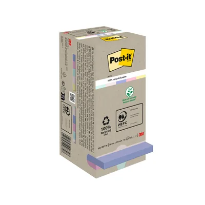 POST-IT Bloc de Notas Adhesivas Quita y Pon Post-It 76X76 MM 100% Reciclada Pefc en Torre Pack de 16 Unidades Colores
