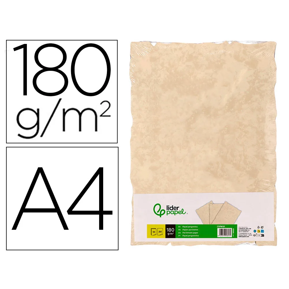 Papel Pergamino Liderpapel DIN A4 con Bordes 180 GR Color Crema Paquete de 50 Hojas