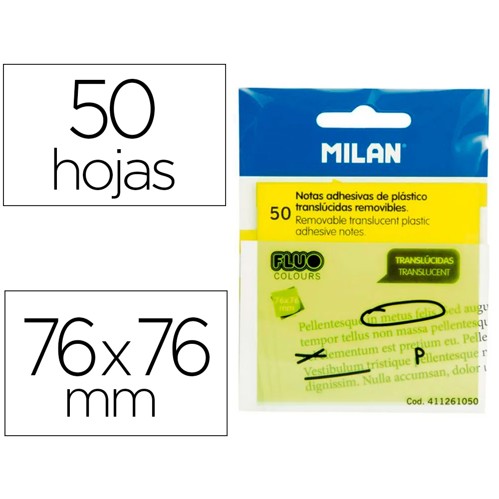 Bloc de Notas Adhesivas Quita y Pon Milan 76X76 MM Removible Plastico Translucido Amarillo Fluor 50 Hojas