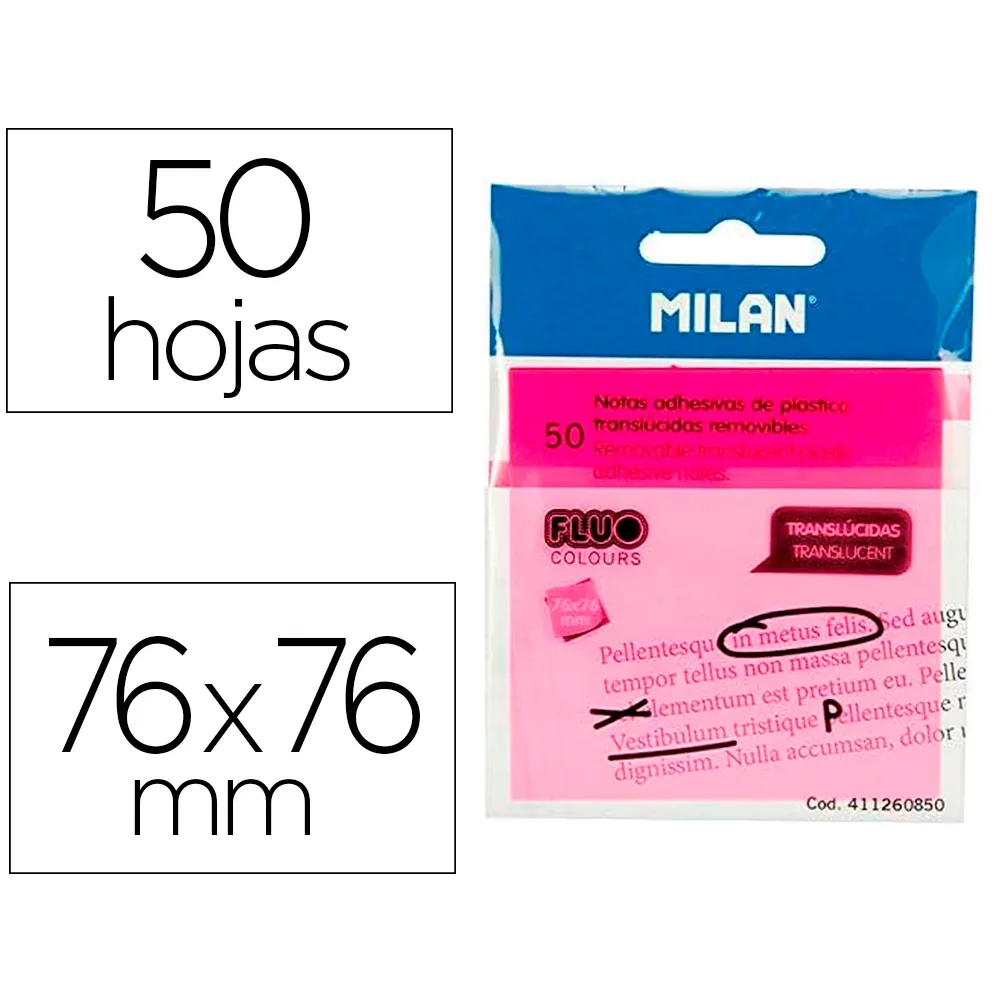 Bloc de Notas Adhesivas Quita y Pon Milan 76X76 MM Removible Plastico Translucido Rosa Fluor 50 Hojas