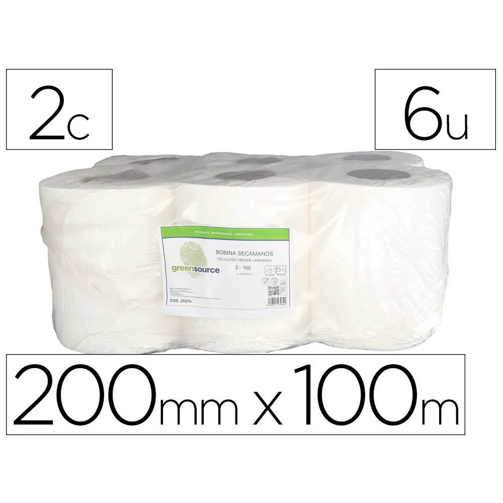 Papel Secamanos Bunzl Greensource Celulosa Blanco 2 Capas 200 MM X 100 M Paquete de 6 Unidades