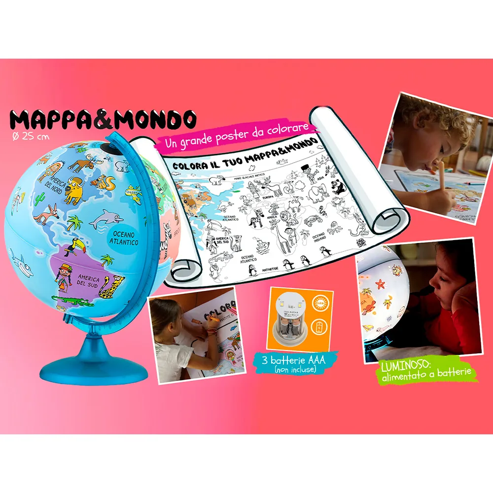 Globo Terraqueo Nova Rico con Luz Infantil Mappa&mondo Base y Meridiano Color Azul Diametro 25 CM