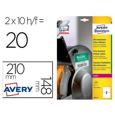AVERY Etiqueta Adhesiva Avery Politileno Blanco Permanente para Laser Fotocopiadora 210X148 MM Blister 20