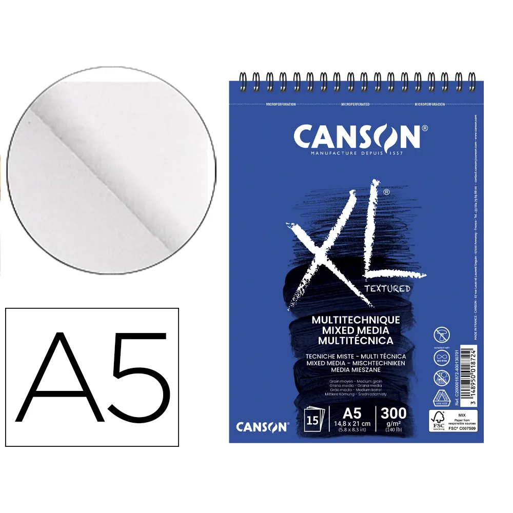 Bloc Dibujo Acuarela Canson Xl Mix Media Grano Medio DIN A5 15 Hojas 300 GR/M2
