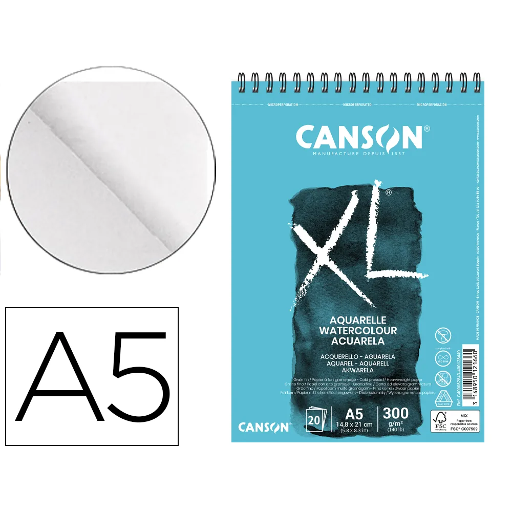 Bloc Dibujo Acuarela Canson Xl Aquarelle Grano Fino DIN A5 Microperforado Espiral 14,8X21 CM 20 Hojas 300 GR/M2