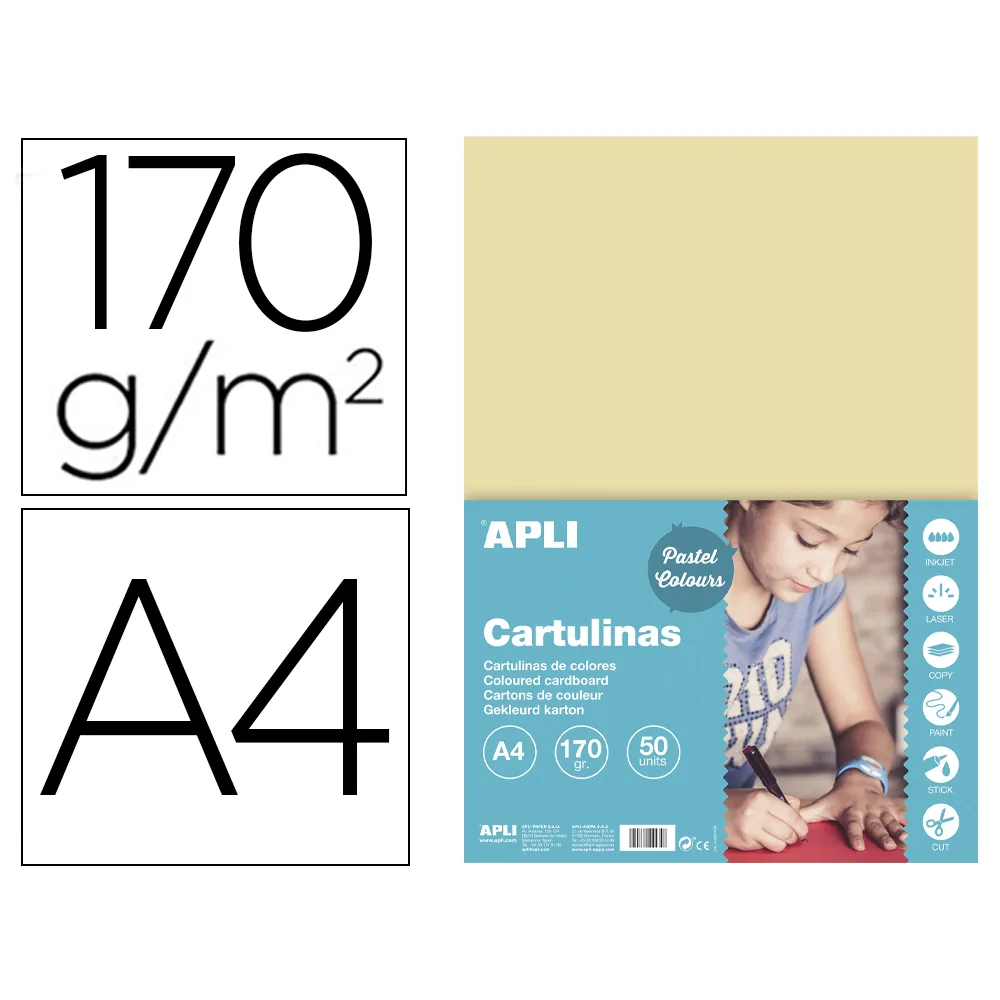 Cartulina Apli DIN A4 170G/M2 Crema Paquete de 50 Hojas