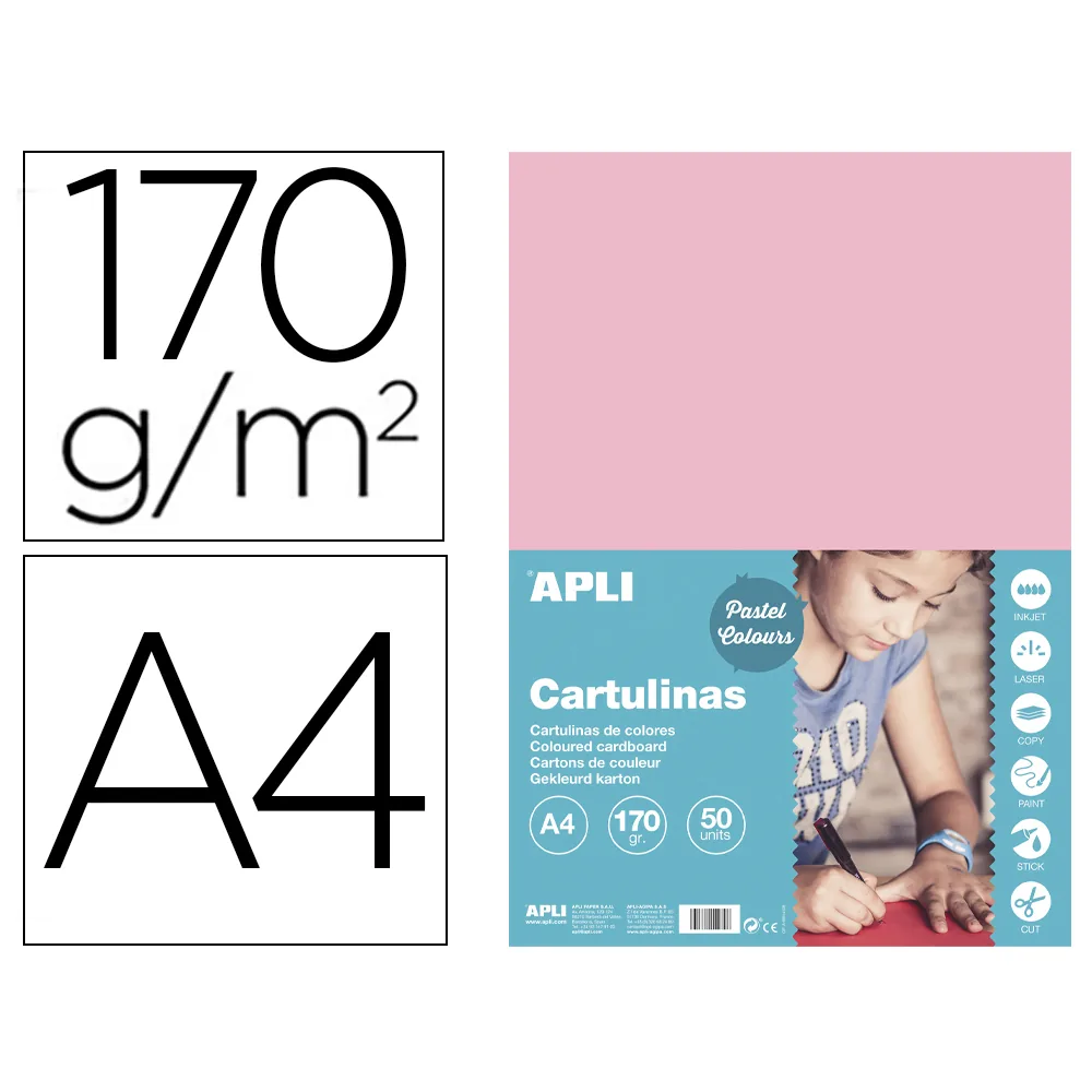 Cartulina Apli DIN A4 170G/M2 Rosa Paquete de 50 Hojas