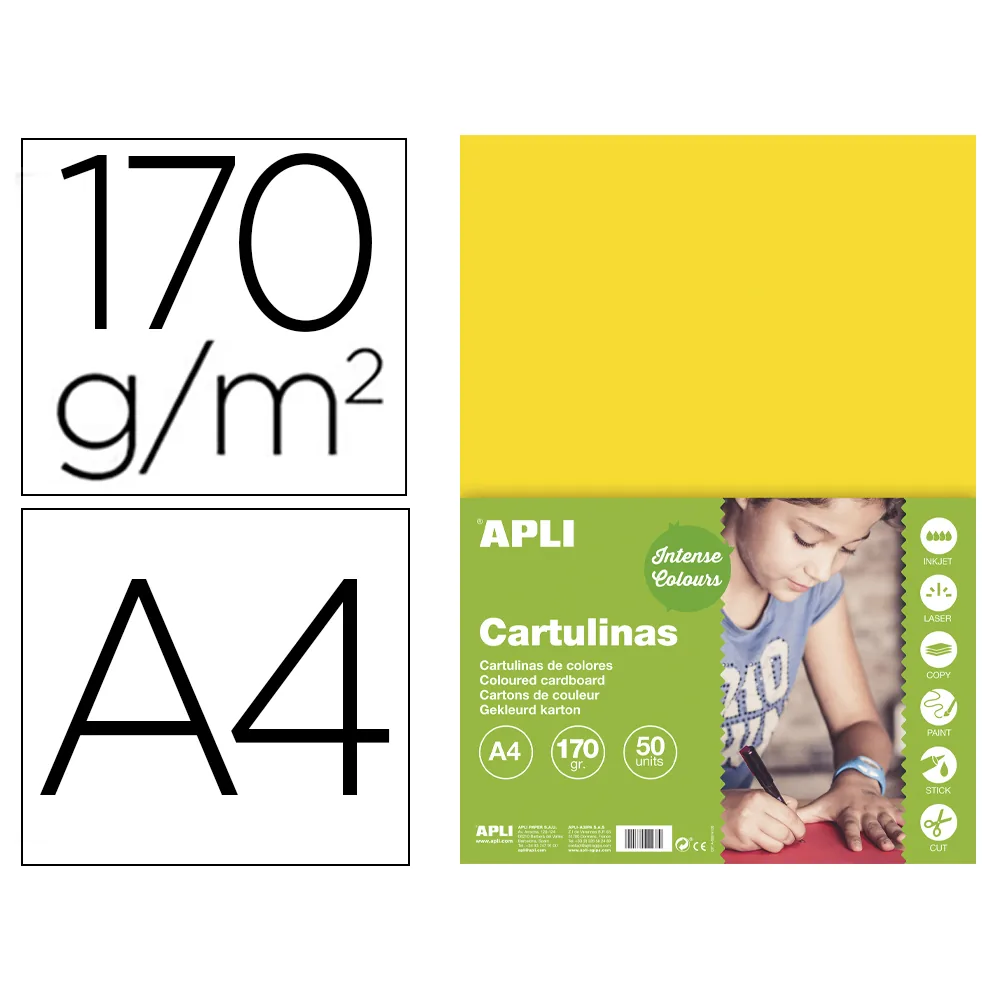 Cartulina Apli DIN A4 170G/M2 Amarillo Paquete de 50 Hojas