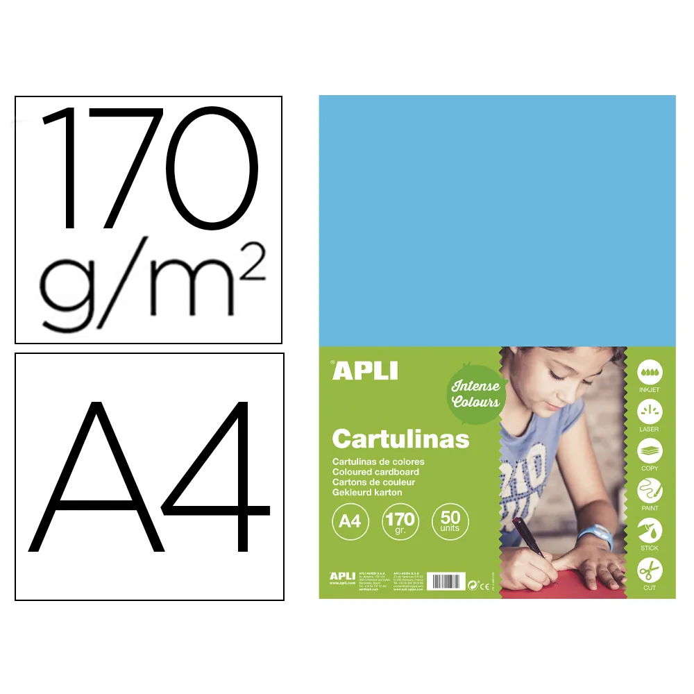 Cartulina Apli DIN A4 170G/M2 Azul Cielo Paquete de 50 Hojas