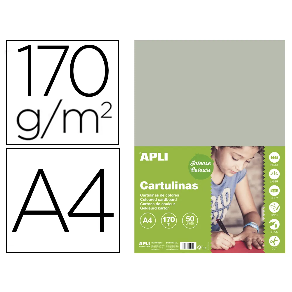 Cartulina Apli DIN A4 170G/M2 Gris Paquete de 50 Hojas