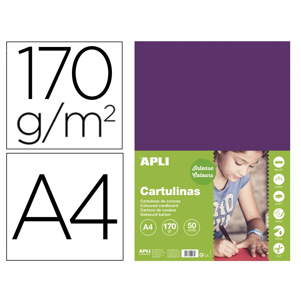 Cartulina Apli DIN A4 170G/M2 Morado Paquete de 50 Hojas
