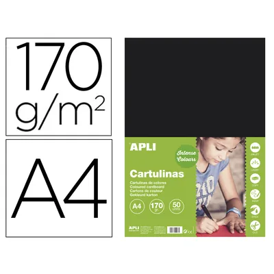 APLI Cartulina Apli DIN A4 170G/M2 Negro Paquete de 50 Hojas