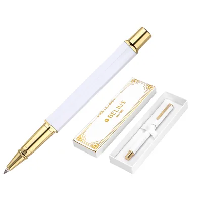 BELIUS Boligrafo Belius Macaron Bliss Forma Hexagonal Color Blanco y Dorado Tinta Azul Caja de Diseño