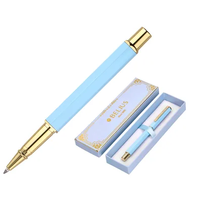 BELIUS Boligrafo Belius Macaron Bliss Forma Hexagonal Color Celeste y Dorado Tinta Azul Caja de Diseño
