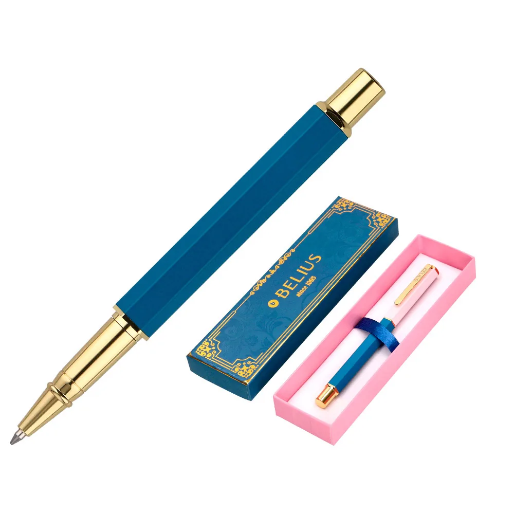 Boligrafo Belius Macaron Bliss Forma Hexagonal Color Rosa/ Azul y Dorado Tinta Azul Caja de Diseño