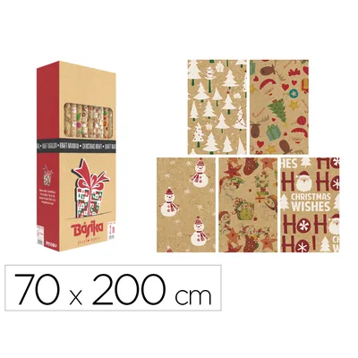 BASIKA Papel de Regalo Basika Kraft Navidad Rollo Ancho 70 CM Longitud 2 M Diseños Surtidos Gramaje 50 G