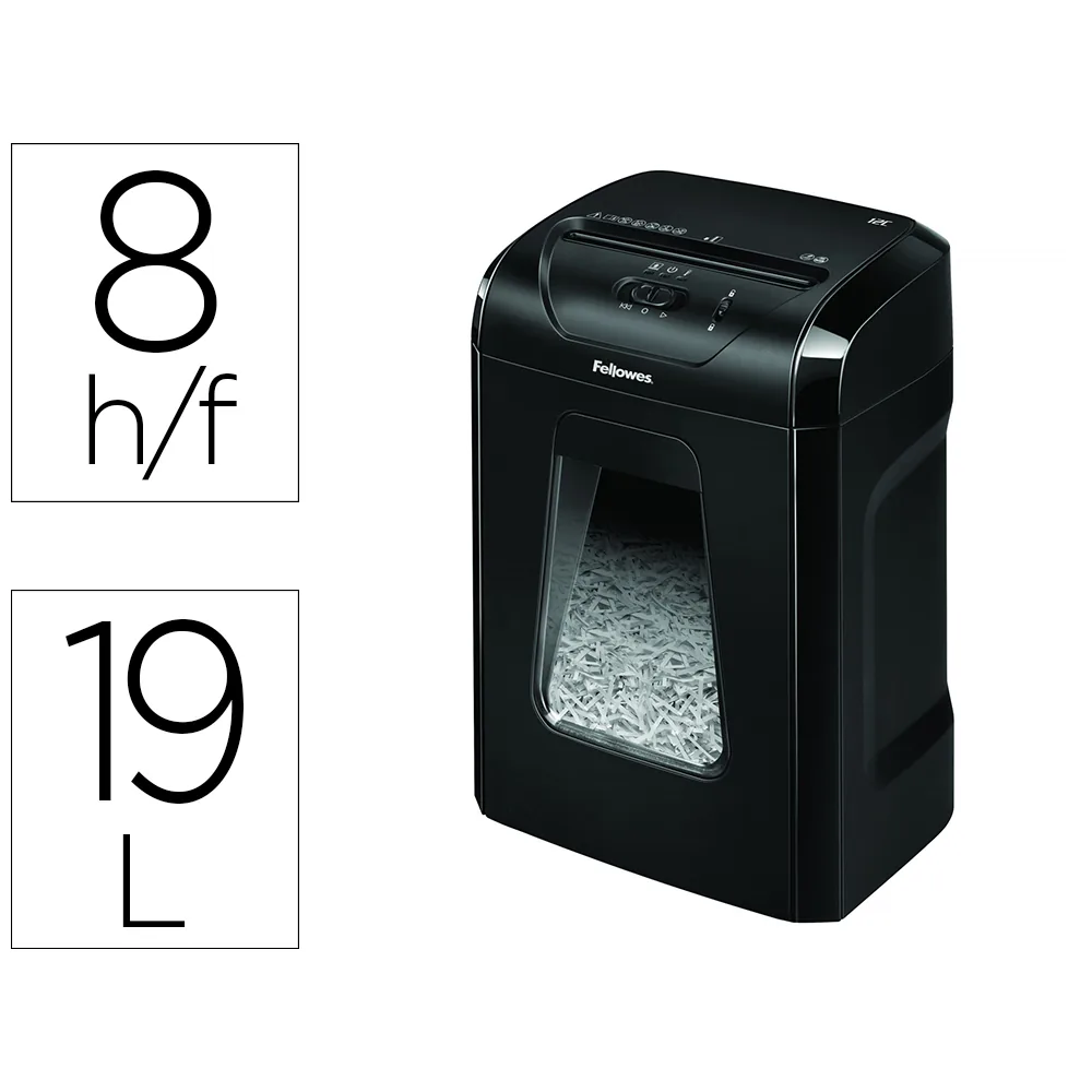 Destructora de Documentos Fellowes 12C Capacidad 8H Seguridad P4 Grapas Clips y Tarjetas Papelera 19 L
