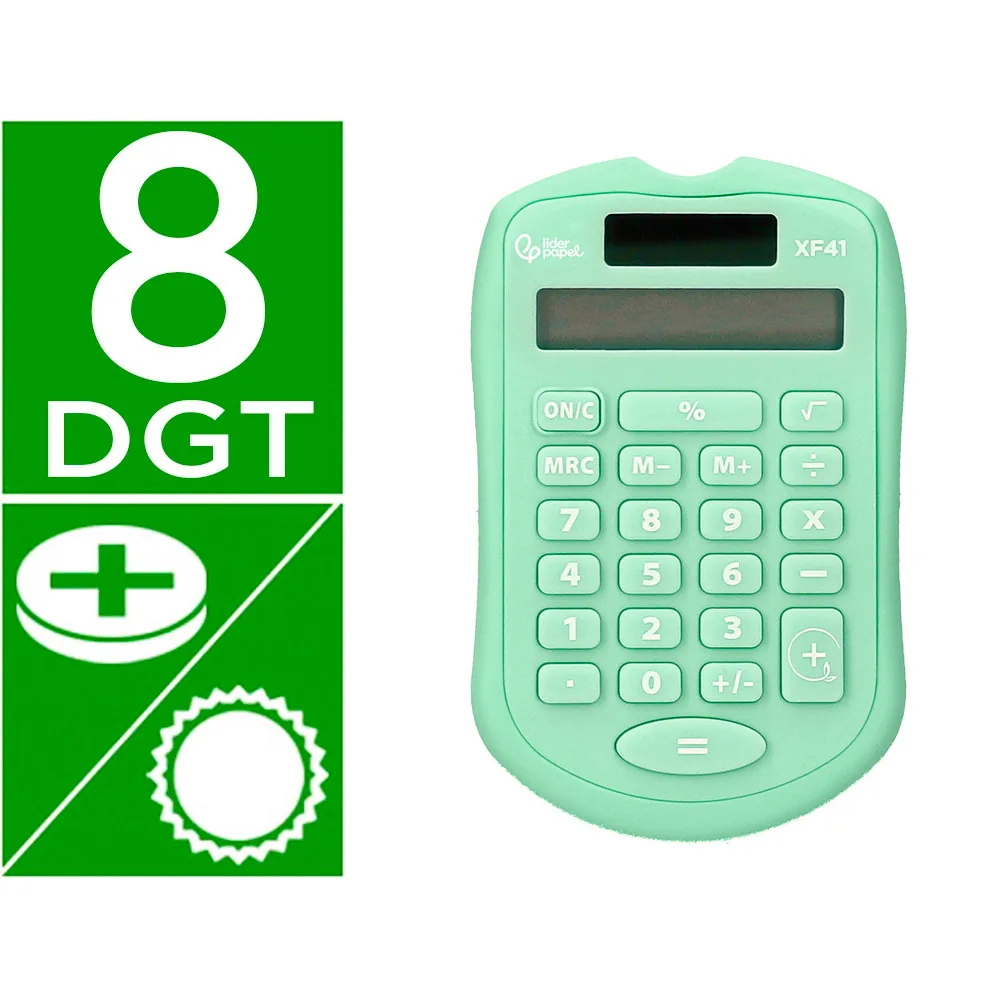 Calculadora Liderpapel Bolsillo XF42 8 Digitos Solar y Pilas Color Verde 94X59,5X10,5MM